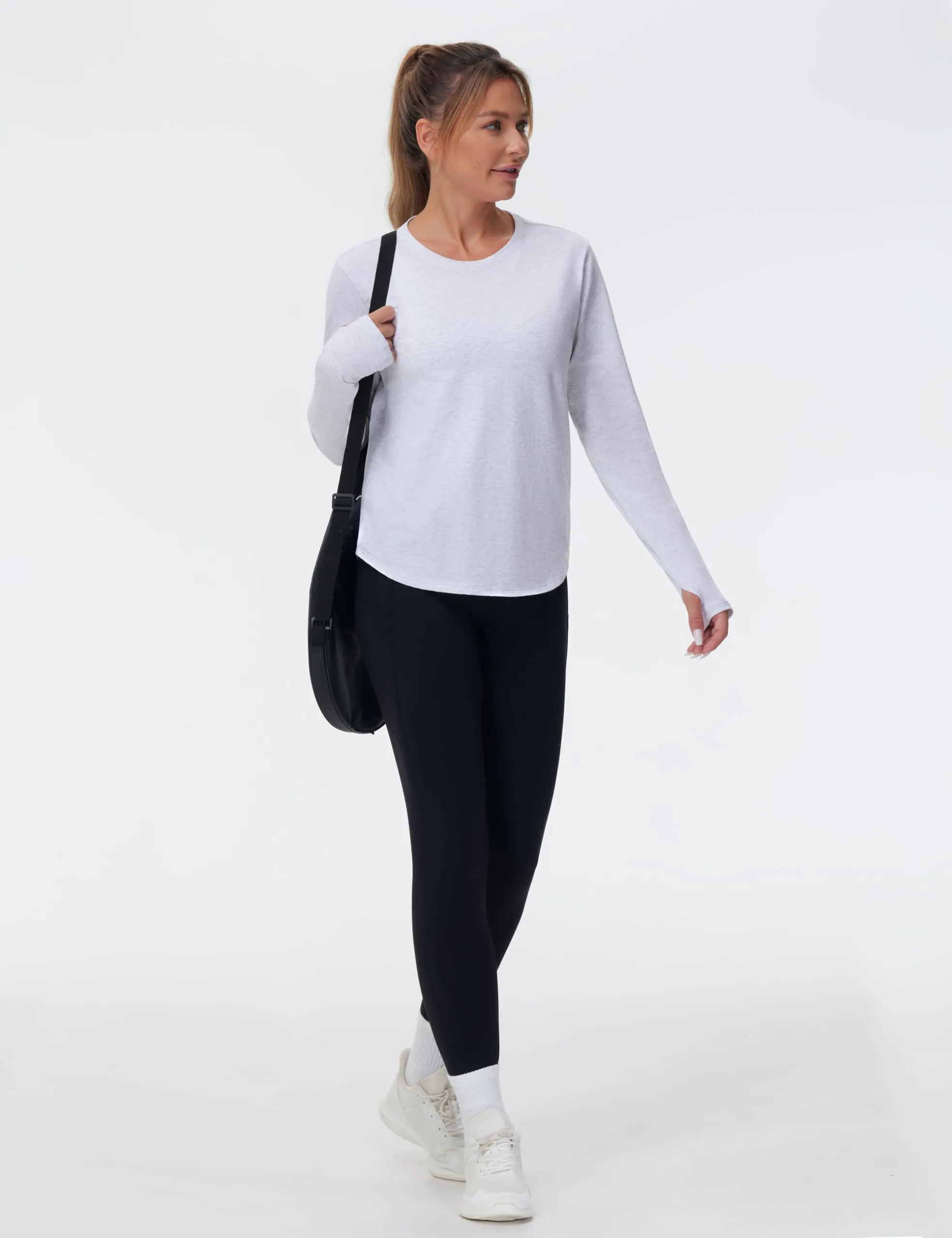 THE GYM PEOPLE Women's Long Sleeve Workout Shirts Athletic Crewneck Hiking Tops with Thumb Hole Heather White