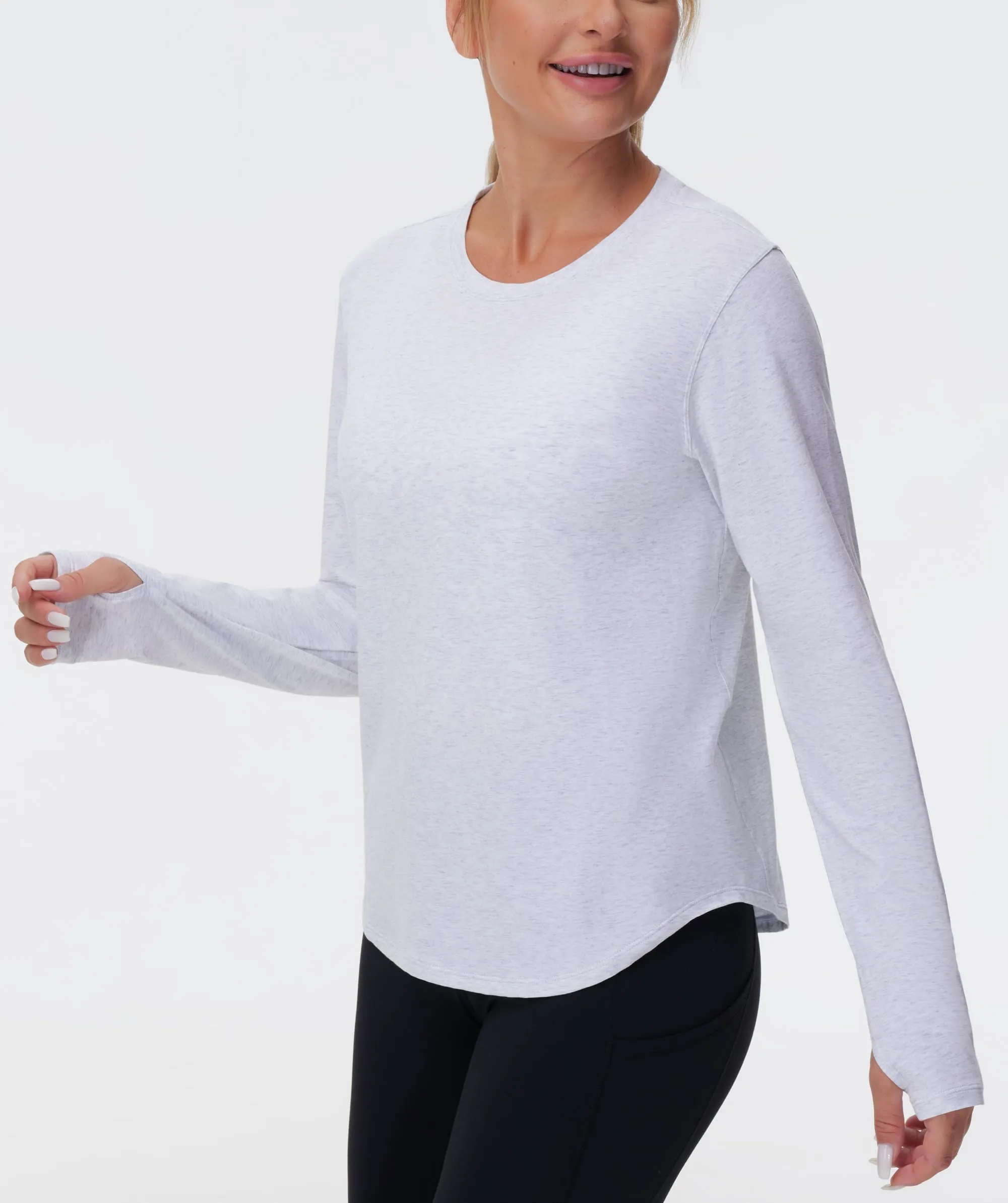 THE GYM PEOPLE Women's Long Sleeve Workout Shirts Athletic Crewneck Hiking Tops with Thumb Hole Heather White