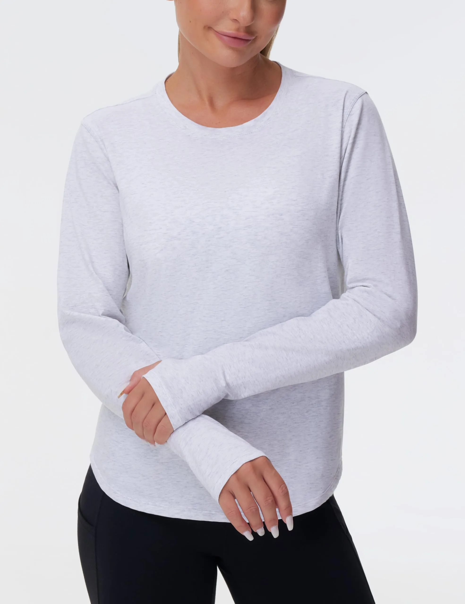 THE GYM PEOPLE Women's Long Sleeve Workout Shirts Athletic Crewneck Hiking Tops with Thumb Hole Heather White