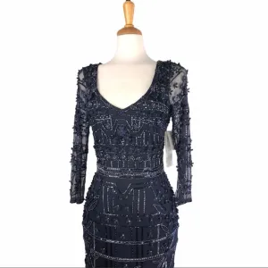 Theia Navy Blue Beaded & Flower Embroiled Dress