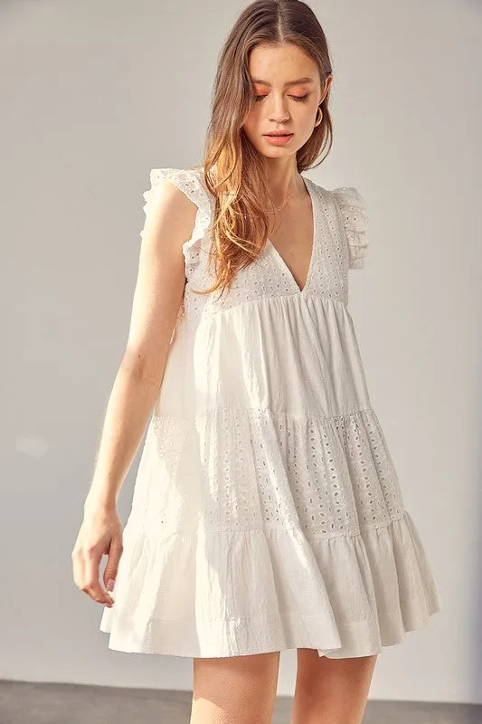 V-NECK EYELET DRESS