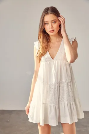 V-NECK EYELET DRESS