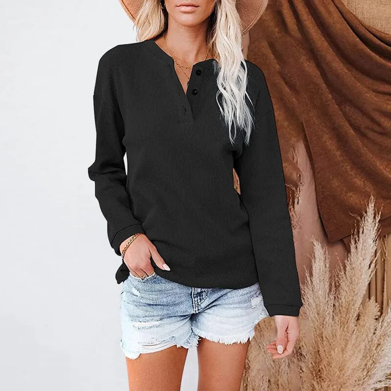 V-neck Solid Color Long-sleeved Top T-shirt