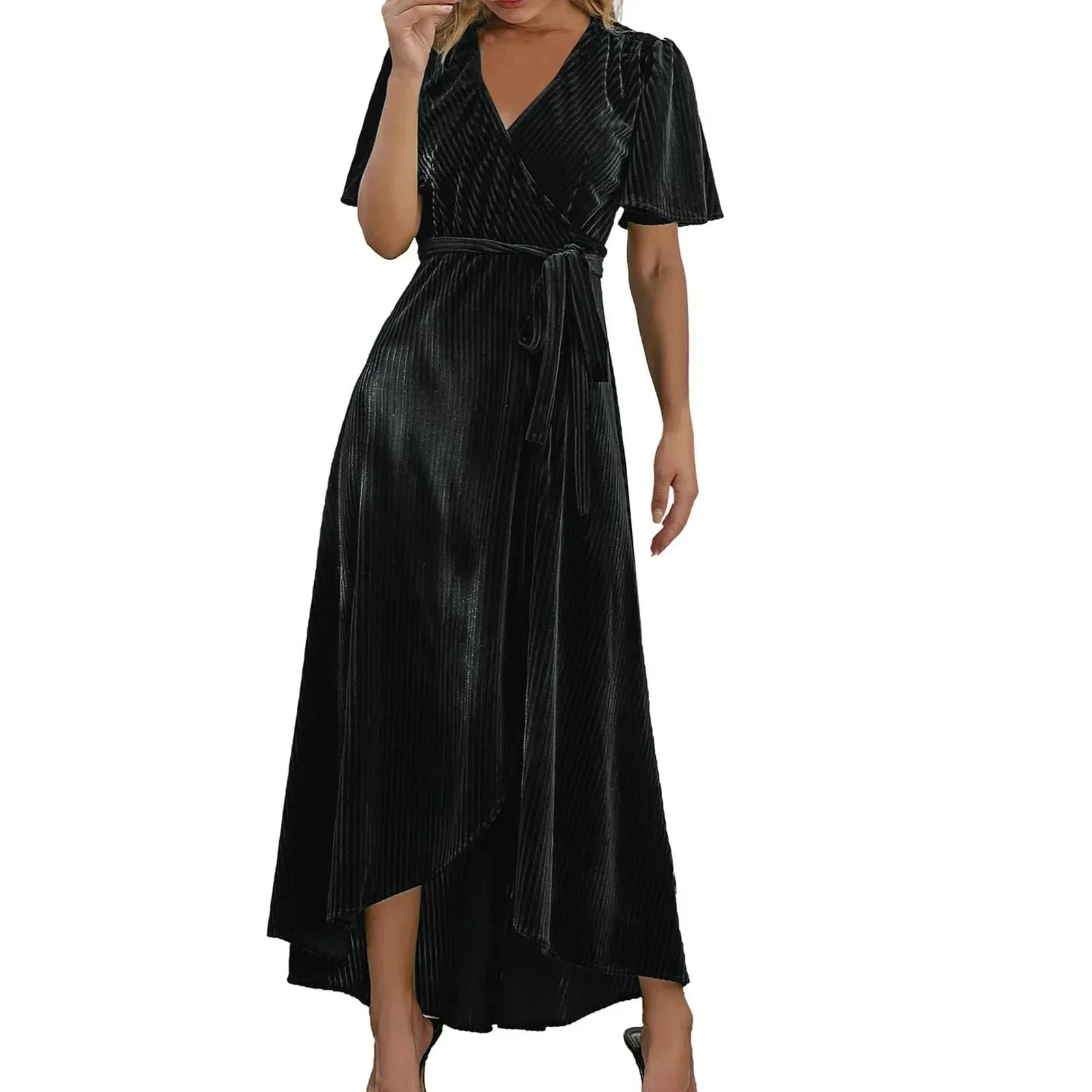 Velvet Long Sleeve Skinny Ruched Evening Wedding Guest Casual Chic Dress