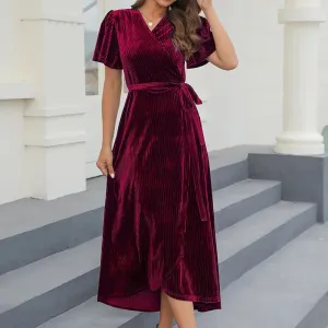 Velvet Long Sleeve Skinny Ruched Evening Wedding Guest Casual Chic Dress