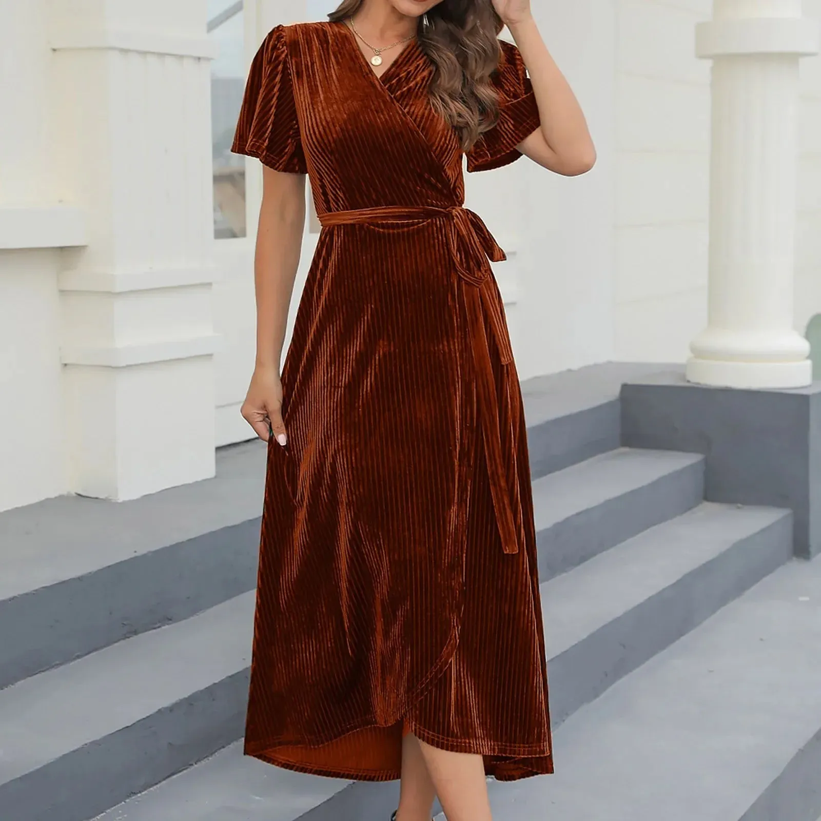 Velvet Long Sleeve Skinny Ruched Evening Wedding Guest Casual Chic Dress