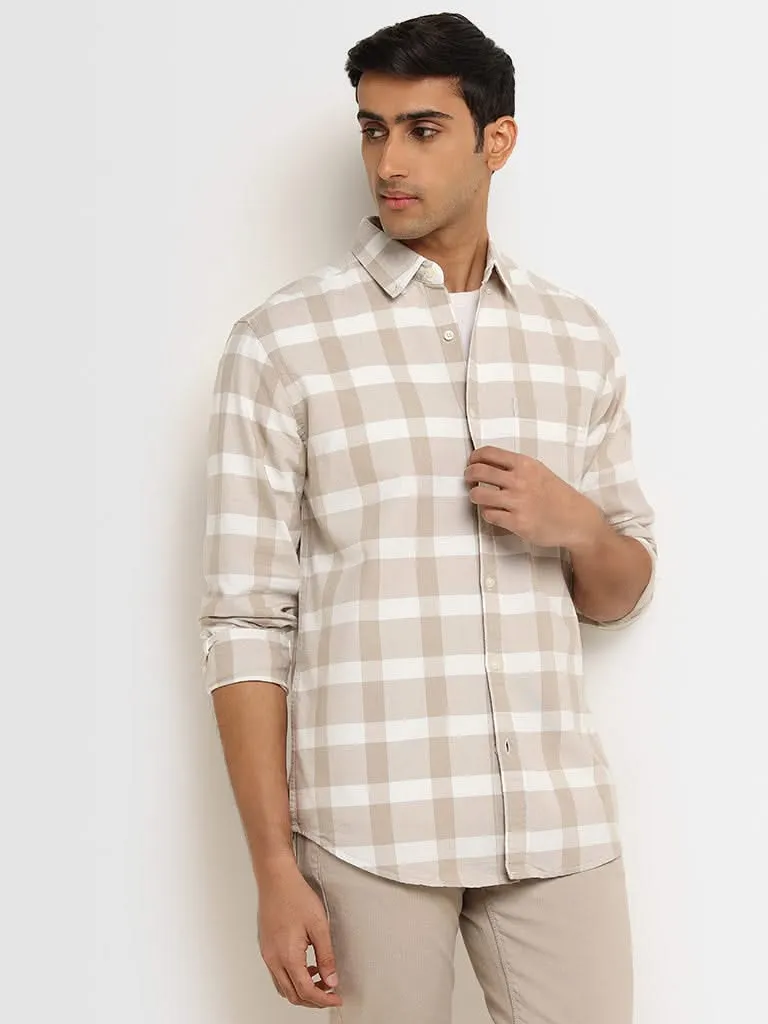 WES Casuals Beige Checkered Print Cotton Relaxed Fit Shirt