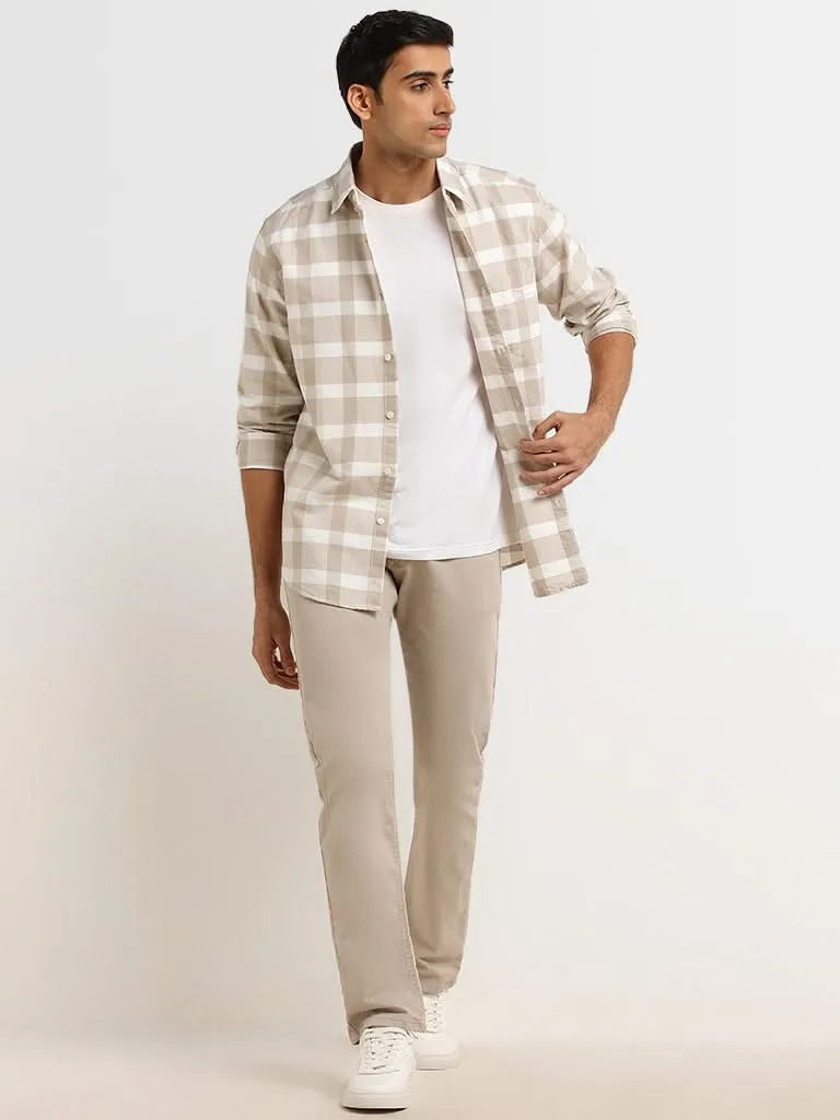 WES Casuals Beige Checkered Print Cotton Relaxed Fit Shirt