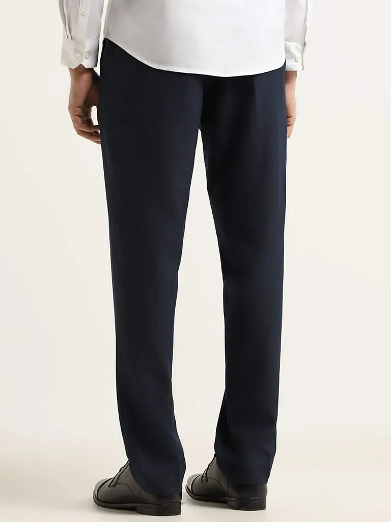 WES Formals Navy Plain Relaxed Fit Trousers