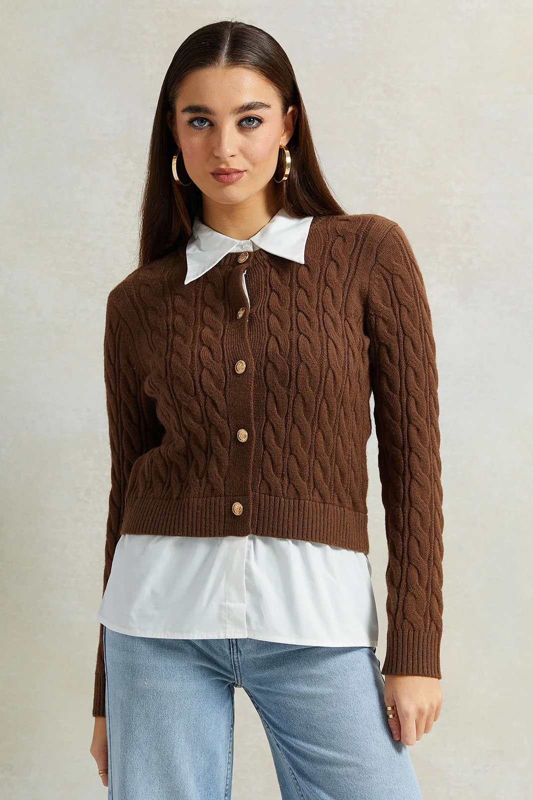 Women Beige Collared Mock Neck Sweater With Front Buttons