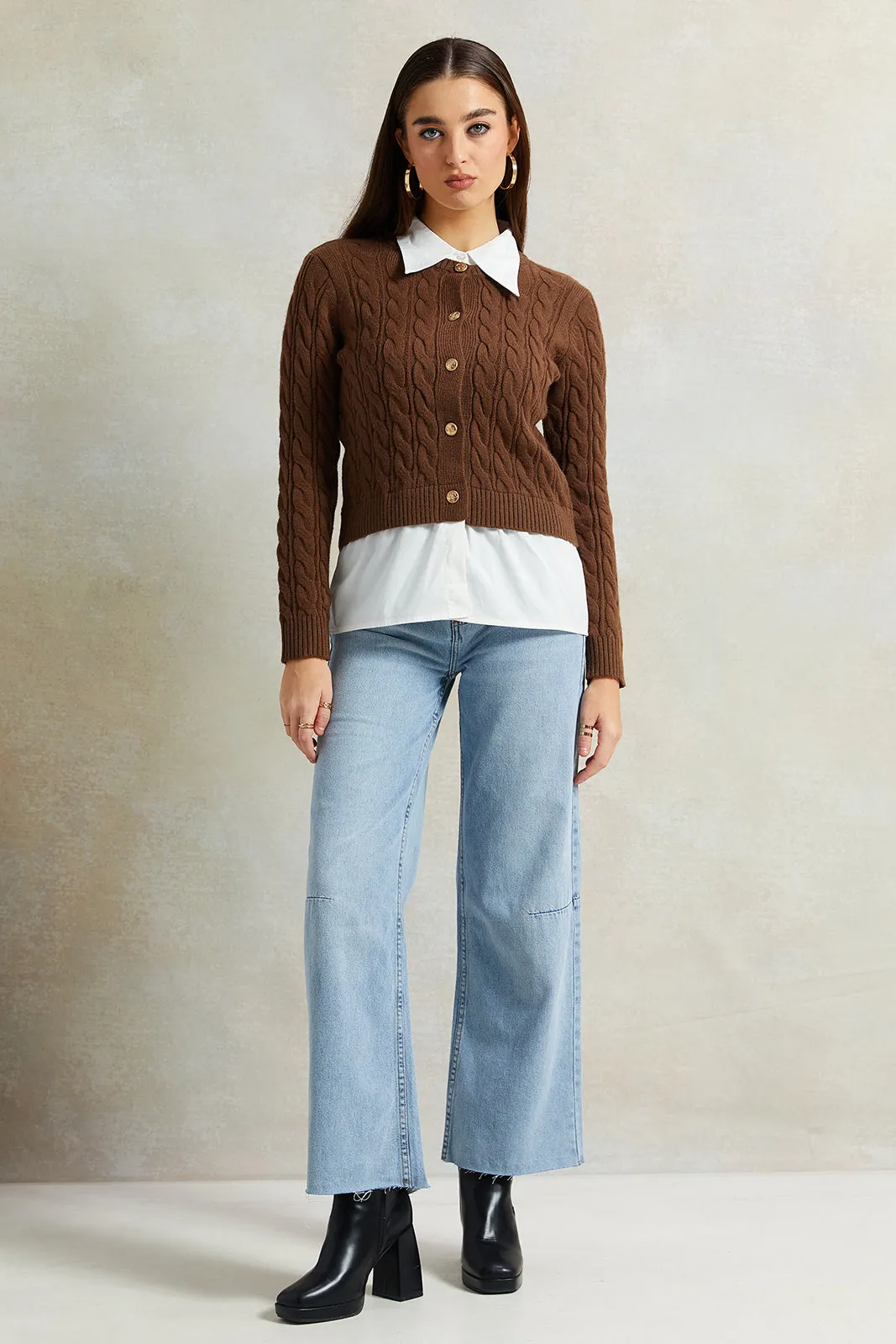 Women Beige Collared Mock Neck Sweater With Front Buttons