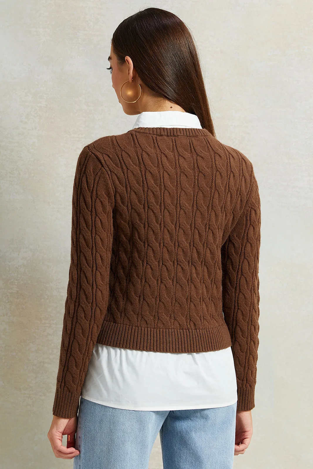 Women Beige Collared Mock Neck Sweater With Front Buttons