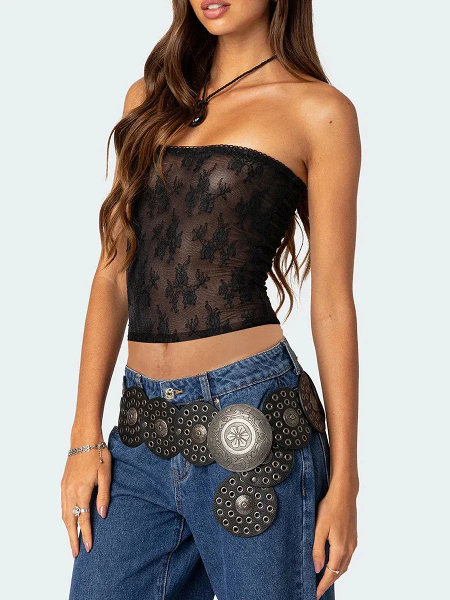 Women Lace Strapless Tube Tight Fitted Off Shoulder Floral Embroidery Party Club Night Tank Y2k Top