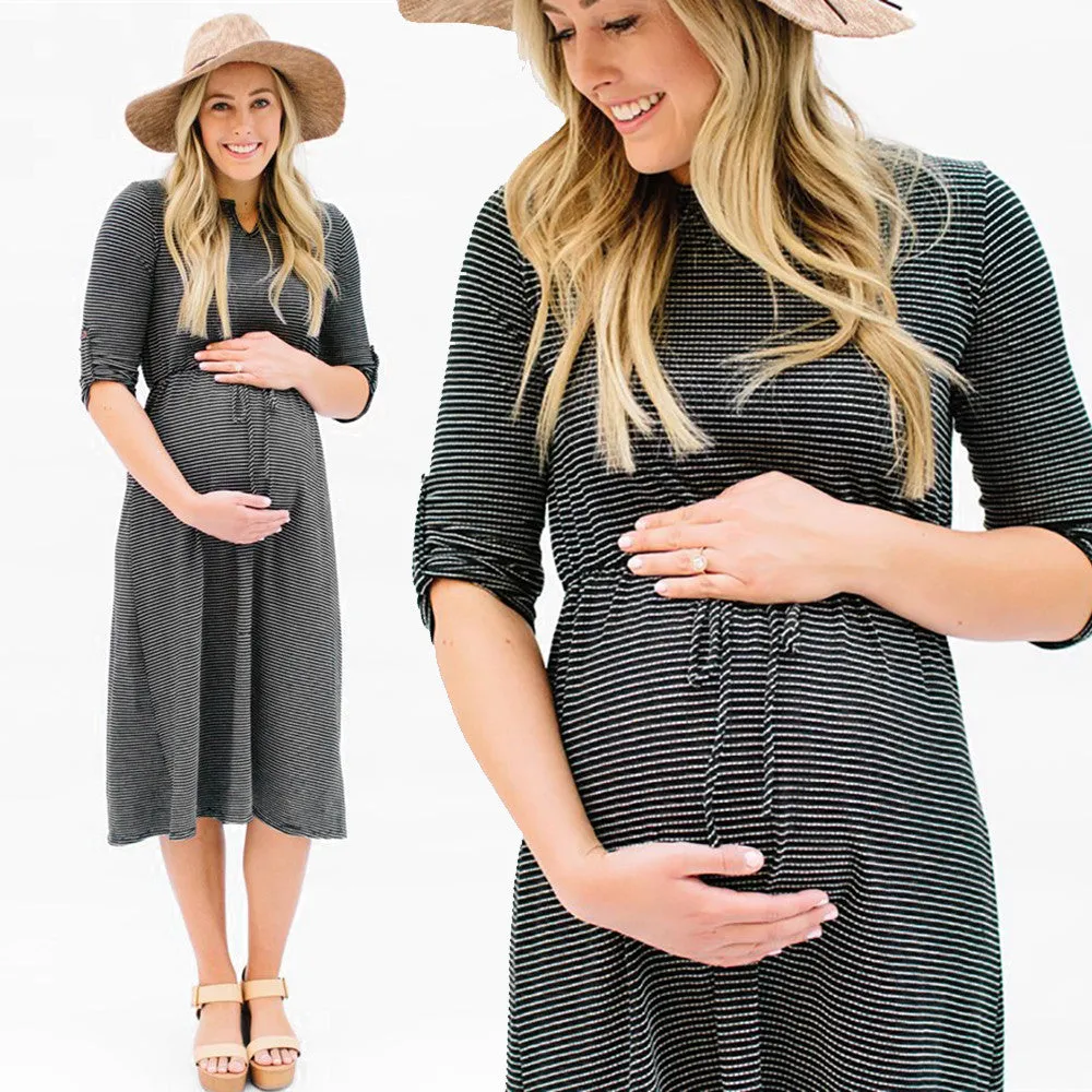 Women Pregnant Dress Striped Photography Props Casual Nursing