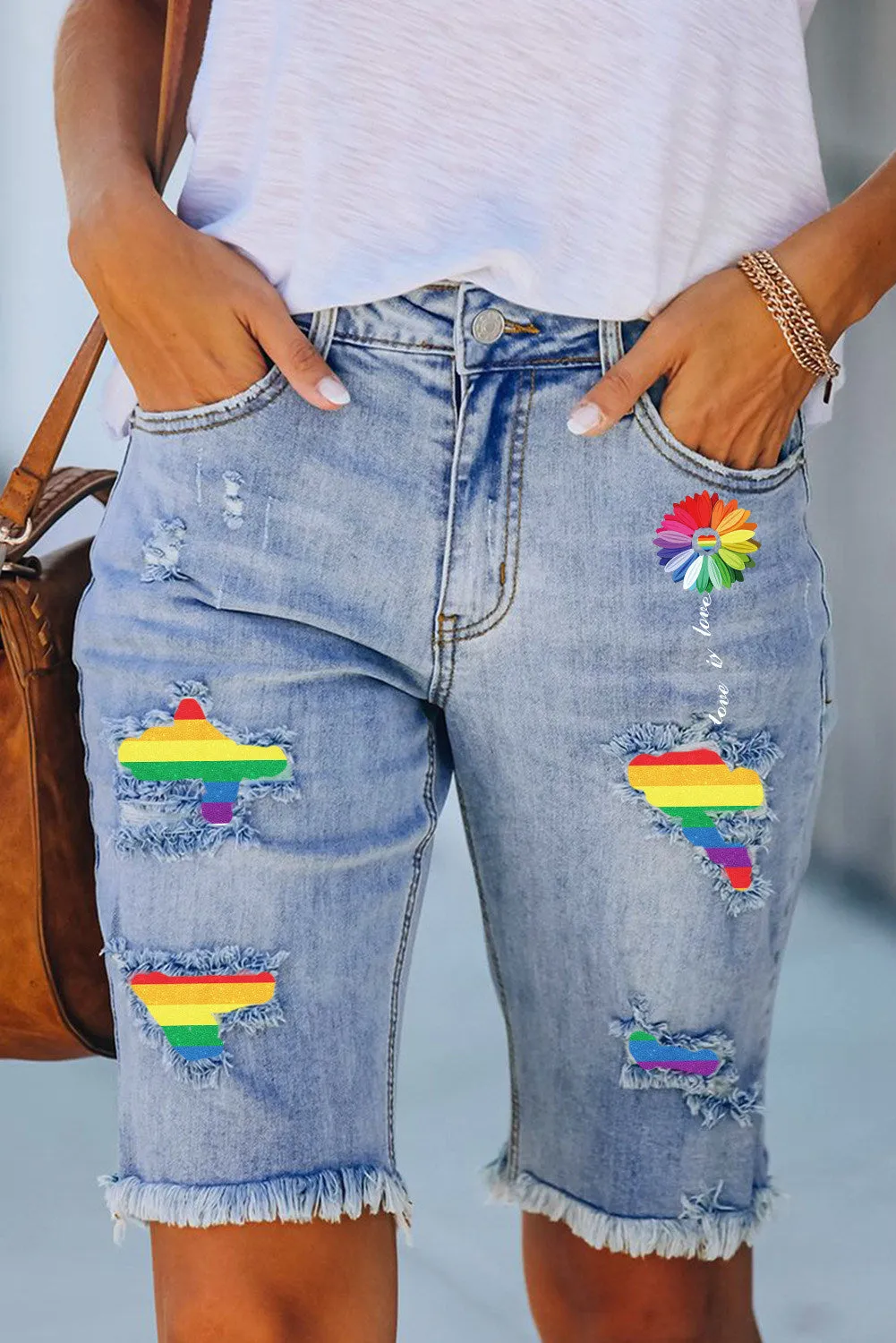 Women Summer Pride Rainbow Striped Ripped Bermuda Shorts Distressed Denim Jeans