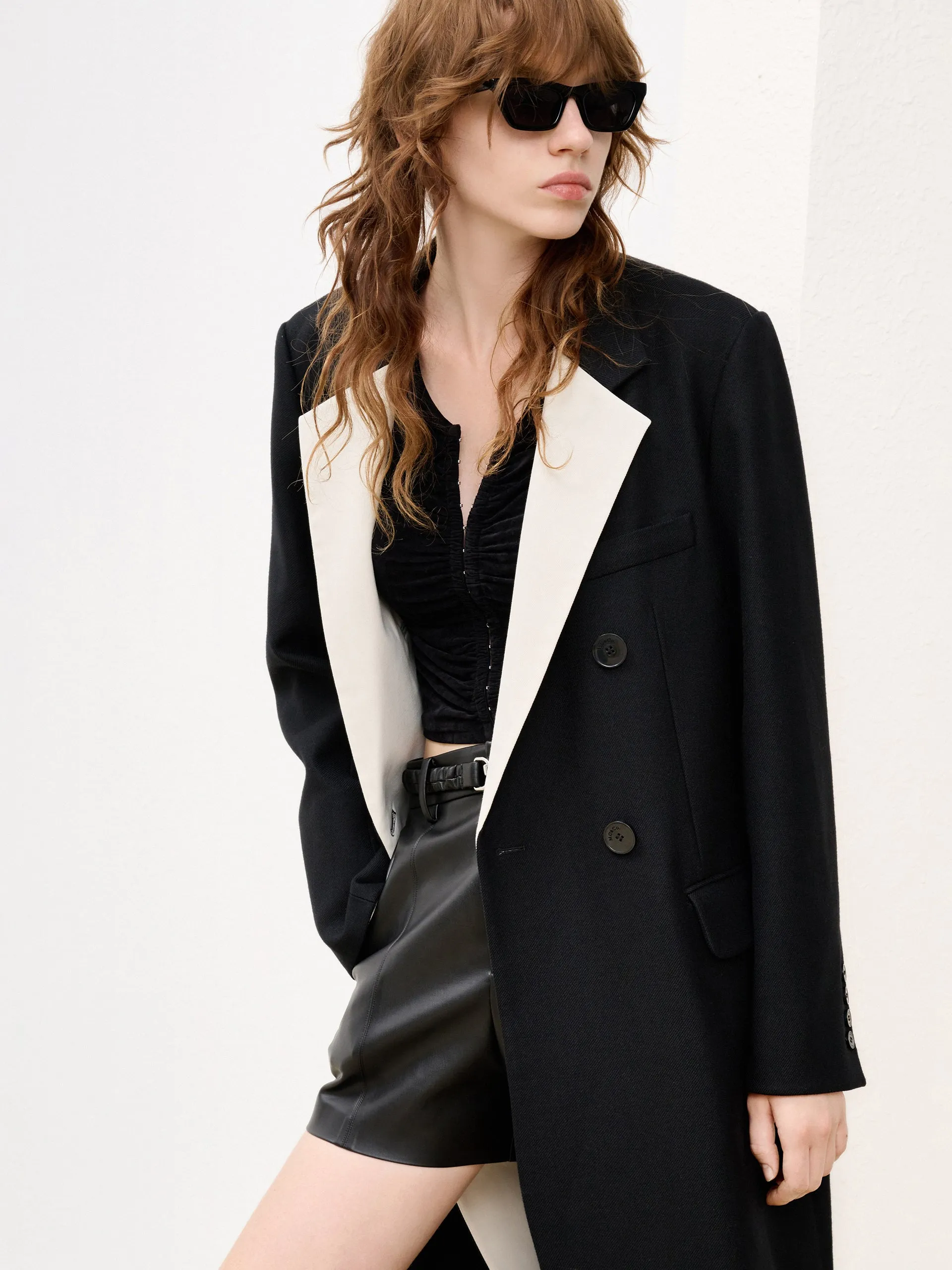 Wool Blend Contrast Long Coat